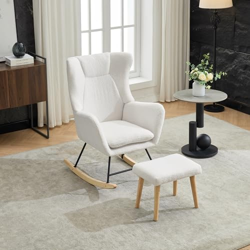 Mecedora ergonómica con reposapiés, funda de terciopelo de peluche, ángulo de oscilación de 30 grados, respaldo alto, silla de relajación para salón y dormitorio, cojín extraíble, marco de madera