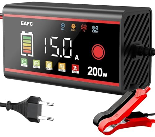 EAFC 15A Auto Batterie Ladegerät, Farbbildschirm Ladegerät Autobatterie, 12V Berührungssteuerung Batterieladegerät Motorradbatterie für KFZ, LKW, AGM, Gel, EFB, LiFePO4, Blei-Säure Batterien