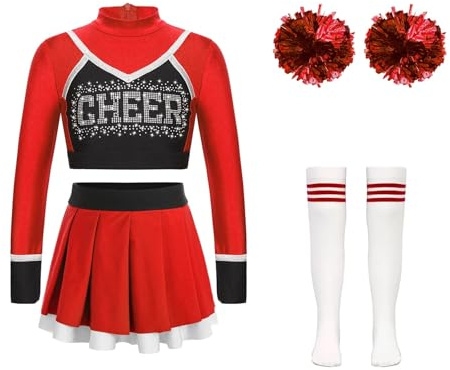 CNYUON barn Cheerleading, uniform, Cheerleading, dansoutfit, magtröja, veckad kjol, blombollar strumpor för jublande, team danskläder set för Cheerleading, klänning (B röd, 8)