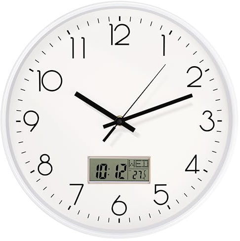 Lumuasky Funk Wanduhr Digital & Analog 30cm – Weißes LCD Display mit Zeit, Datum, Wochentag & Temperatur – Sprachumschaltbar (6 Sprachen) – Lautlose Küchenuhr für Wohnzimmer, Bad, Büro
