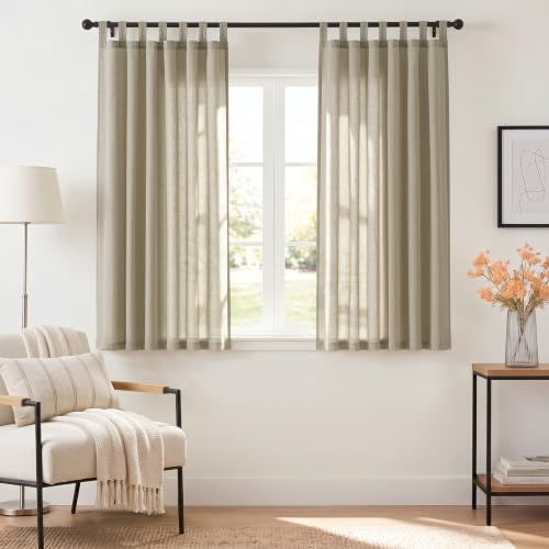 TOPICK Gardinen mit Schlaufen Leinenoptik Vorhänge 2Stück H145xB140 Oatmeal | Lichtdurchlässig Gardinen Wohnzimmer boho landhausstil blickdicht Vorhänge Schlafzimmer Curtains Living Room schlaufenvorhang