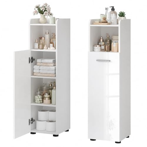 APICIZON Badezimmerschrank Hochglanz, 30x29x110cm Badschrank Schmal, Nischenschrank Schmal, Schmaler Schrank mit verstellbaren Einlegeböden, Badezimmer Schrank für kleine Räume, Weiss