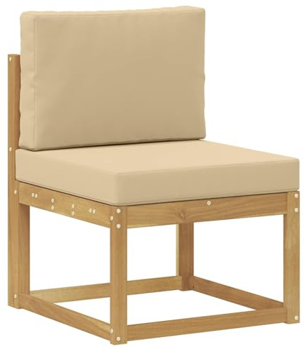 mtlskopl Outdoor Mittelsofa aus massivem Akazienholz, Modulares Gartensofa Holz mit Kissen, Lounge Sessel für Garten, Terrasse und Balkon, Weiß und Beige, 59 x 63 x 73 cm