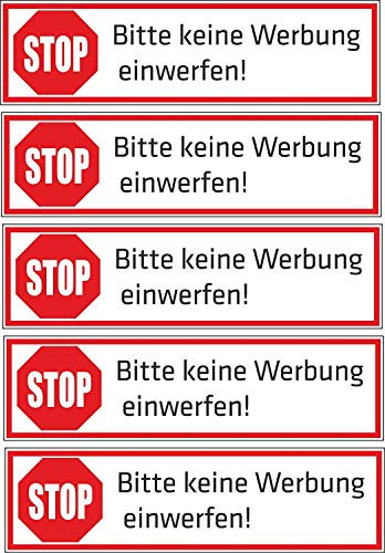 Keine Werbung! 5 - Block - weiße Briefkastenaufkleber 70x20 mm - Aufkleber STOP Bitte keine Werbung einwerfen - Briefkasten - Zeitungsrolle (20)