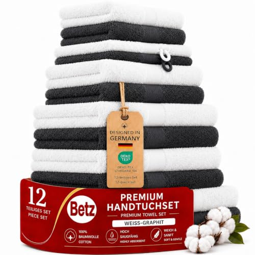 Betz Handtuch Set Premium 12-teilig 100% Baumwolle – 2 Duschtücher, 4 Handtücher, 2 Gästetücher, 2 Seiftücher, 2 Waschhandschuhe – Weiche Frottee Handtücher 470g/m² – Farbe weiß/Graphit