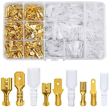 FIXITOK 480 Stücke Flachsteckhülsen Set, 2,8 mm 4,8 mm 6,3 mm Männlich Weiblich Flachstecker Spade Kabelschuhe Sleeve Terminal mit Isolierhülse Sleeve Sortiment Kit (Golden)