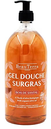BeauTerra - Gel Douche Surgras 1L - Pour Peaux Sensibles - Sans Savon - Corps et Cheveux - Parfum Bois de Santal - à l'Huile d'Olive Bio - 100% Fabriqué en France