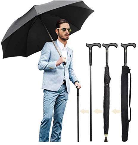 Lynkaye Ombrello 2 in 1 con bastone da passeggio antivento, struttura resistente, leggero, ottimo regalo per compleanno, Natale, festa del papà, uomini e donne