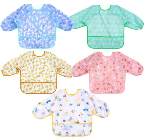 Lictin Lätzchen Baby, Lätzchen mit Auffangschale für 0 bis 24 Monaten, Baby Lätzchen mit Ärmeln 5 Stücke Lätzchen Abwaschbar zum Essen Spielen und Bemalen