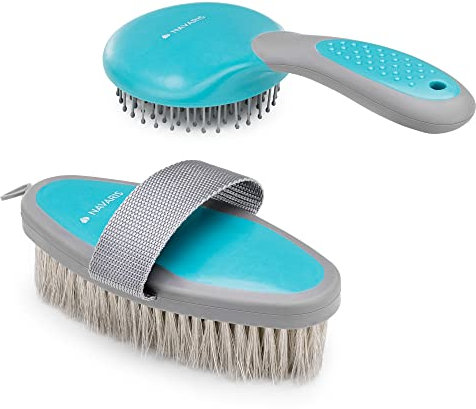 Navaris 2-teiliges Pferdepflege Set aus Mähnenbürste und Kardätsche - Mähnenkamm Schweifkamm Fellbürste - für Pferde Fellpflege - Pferdeputzzeug