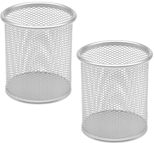 DIFIT Portalápices Metálico Plata Para Escritorio, 2 Piezas, Organizador Redondo, Cubilete Bolígrafos, 9x9x10cm
