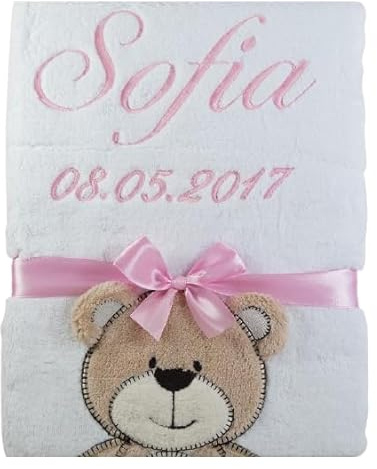 BotoBaby Kuschlige Babydecke mit Namen & Geburtsdatum – Weiße Decke mit Bären-Applikation – Personalisiertes Geschenk zur Geburt, Taufe & Babyshower, 75x100 cm, Öko-Tex (Weiß - Teddybär)