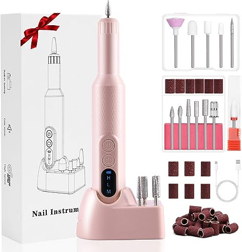 URAQT Torno para Uñas, Velocidad Adjustable de 18000 RPM Drill para Uñas Profesional, Limas de Uñas Eléctrica Portátil, Set de Manicura y Pedicura con Base de Carga Inalámbrica (Rosado)