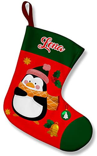 Ferocity Weihnachtsstrumpf Personalisiert mit Namen für Kinder 2 in 1: Weihnachtskissen & Strumpf für Weihnachten zum Befüllen & Aufhängen mit Kissenfüllung 28 x 25 x 17 cm Motiv Pinguin [156]