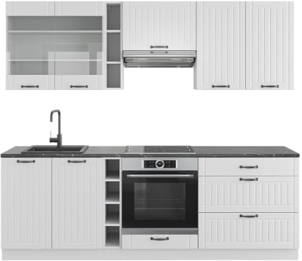 Vicco Küchenzeile Fame-Line, Weiß Landhaus/Weiß, 235 cm ohne Arbeitsplatte, geeignet für Flexible Erweiterung mit zusätzlichen Modulen