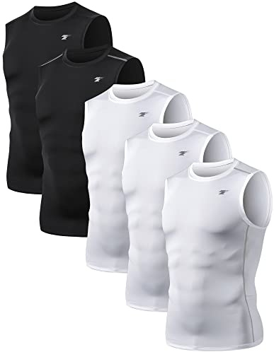 TELALEO 5 Pack Men's Athletic Compression Shirts Sleeveless Workout Tank Top Sports Base Layer Running Basketball White/Black L