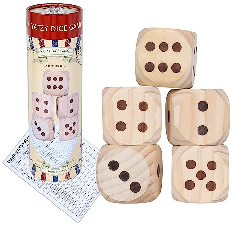 Grande set di dadi in legno da giardino, per iniziare la festa con 5 dadi in legno da giardino, 5,3 cm, perfetti per divertimento e giochi all'aperto, include tabellone segnapunti e scatola