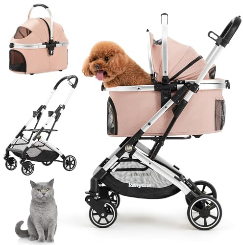 Kenyone 3-in-1 Pet Stroller for Small Medium Dogs Puppy Cat Stroller with Detachable Carrier & Pad Lightweight Foldable Aluminum Alloy Frame Dual No-Zip Entry(Pink)
