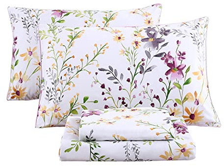 URBONUR Garden Floral Sheets Set 4-Pieces Egyptian Cotton Luxurious Bedding Sheet Set Soft Silky Crisp Percale Sheets Shabby Chic Flowers Bed Linen Set (4Pcs, Queen Size)