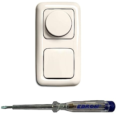 Busch Jäger 6523U-102 LED Drehdimmer Dimmer + Dimmerscheibe 2115-212 und Lichttaster 2020 US in DURO2000 cremeweiß glänzend inklusive EBROM Phasenprüfer zur Montage der Geräte (6523 U – 102)