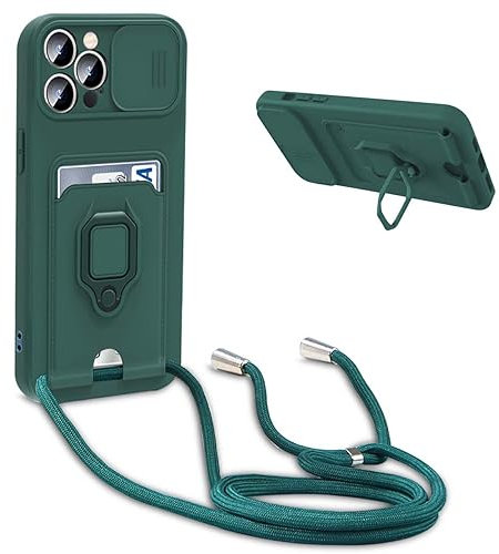 BGHHEU Handykette Schutzhülle kompatibel mit iPhone 15 Pro Handyhülle mit Band,Schiebe Kameraschutz,360 Grad Ringhalter Stand,Kartenfach,Verstellbarer Halskette Silikon hülle - Dunkel Grün