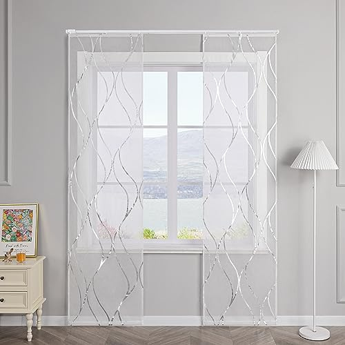 SCHOAL Schiebegardinen mit Klettband Transparente Schiebevorhang 2er Set Voile Gardinenschal Fensterschal mit glänzenden Wellen Muster BxH 57x225cm Silber