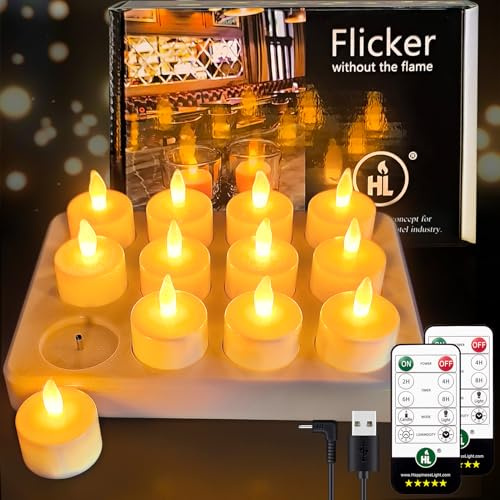 Bougie Led Rechargeable,Sans Flamme Petite Bougies,LED vacillantes Bougie,bougie votive, Avec minuterie Bougies à piles Pour La Décoration De Noël La Maison,Jaune 12 pièces