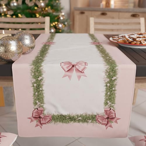 PETTI Artigiani Italiani - Chemin de Table de Noël 140x40 cm en Microfibre Anallergique, Élégant et Lavable, Décoration Festive pour Salon et Cuisine, Motif 'Noeud Rose', 100% Fabriqué en Italie