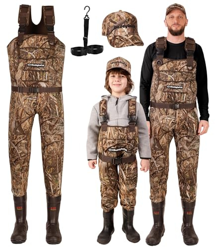 DaddyGoFish Vadeadores De Pecho De Neopreno Para Niños Y Adultos, Bootfoot, Pesca Y Caza Con Gorras De Camuflaje Y Colgador De Vadeador