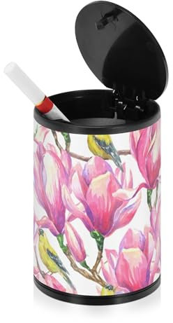 Aschenbecher für Zigaretten im Innenbereich, mit Deckel, Edelstahl, tragbar, Autozubehör, selbstlöschender Eimer für Küche, LKW, Aquarell, Magnolie, gelbe Vögel, rauchfrei, für den Innenbereich