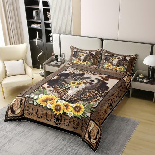 richhome Kuh Schädel 100% Bio-Baumwolle Bettbezug Set Western Cowboy Hufeisen Holz Plank Tröster Cover Set Leopard Kuh Pelz Sonnenblumen Bettwäsche Set 200x200