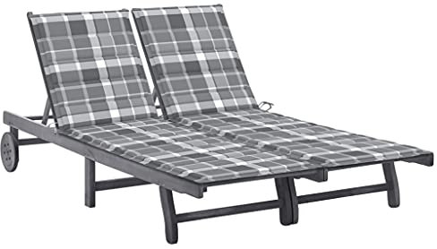 Gecheer Sonnenliege 2-Personen Mit grauem Karomuster Doppelliege Relaxliege Holzliege Liege Gartenliege Gartenmöbel Strandliege Freizeitliege,Akazien-Massivholz mit grauem Finish,2 x Polster