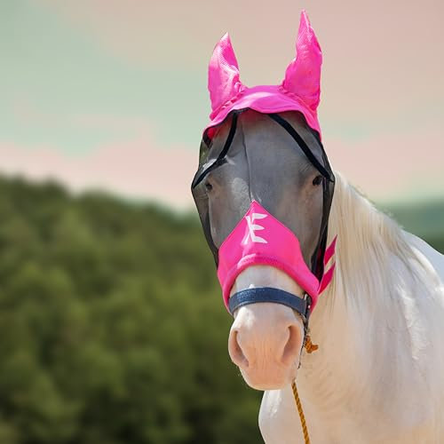 XE Pferde-Fliegenmaske mit Ohren – atmungsaktive Netz-Pferdemaske für UV-Schutz und Pferdefliegen, Standard-Reitsport-Rosa Pferde-Fliegenmaske (Extra Full, XL)
