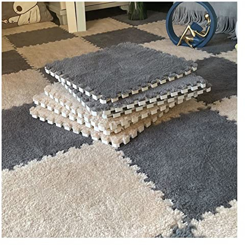 Ineinandergreifende Plüsch-Teppichfliesen, 12 x 12,10 mm dicke Schaumstoffmatte, Puzzle-Spielmatte, weiche Bodenmatte in Hellblau + Lila, rutschfest, rutschfest, perfekt zum Krabbeln und Spielen