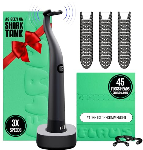 FLAUS Electric Flosser (Shark Tank) 3 Speeds + 45 Refill Heads w/Gentle Gliding Floss for Sensitive Gum Care - Water Flosser Alternative, Dentist Recommended Tooth Flossers, Eco Dental Floss Picks