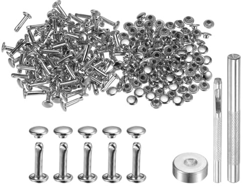 QUARKZMAN 100 Sets 6mm x 12mm Leder Nieten, Metall Doppelkappe Nieten Tubular Runde Druckknöpfe mit 3 Stück Werkzeugen für Handwerk Reparatur Dekoration Gürtel Kleidung (Silber)