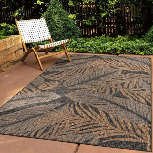 Taracarpet In & Outdoor Teppich Wetterfest Wohnzimmer Balkon Küchenteppich Terrassenteppich Flachgewebe Sisaloptik mit Muster blätter schwarz 080x150 cm