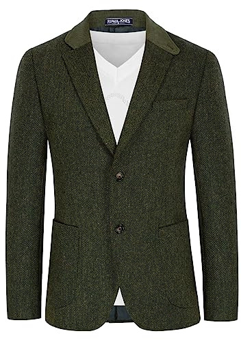 PaulJones Sakko herr vintage ullblandning kavaj med tweed kavaj 2 knappar normal passform, Grön, L
