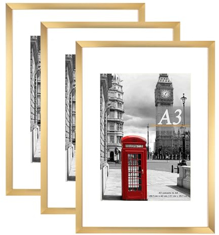 Scholar Tree Gold Photo Frame Picture Frames, A3 with Mat for A4 Mount Picture, Set of 3, Wall Mountable