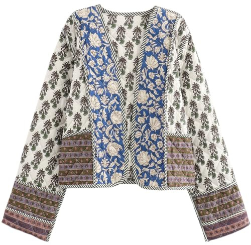 Yimoon Women's Quilted Jacket Lightweight Floral Print Cropped Puffer Coat Short Padded Open Front Winter Outwear(Beige-L)