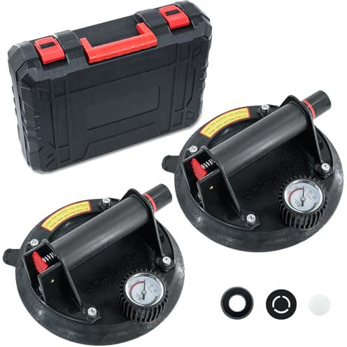 JUYLTOOL 2 x Ventouses Carrelage avec Manomètre,Ventouse Vitre Professionnelle avec Boîte à Outils Portable,Charge Maximale 220KG,Ventouses en Verre Pour Soulever de Vitre,Carrelage,Meubles