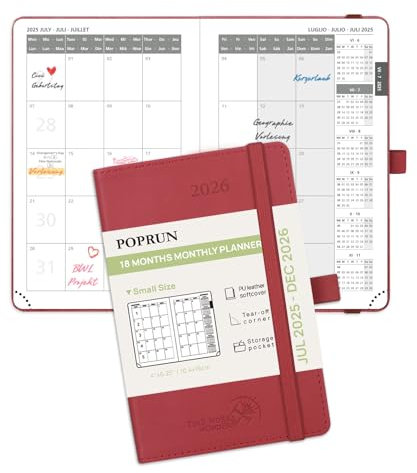 POPRUN Kalender 2025 2026 Monatsplaner 16 x 10,5 cm - 18 Monate Monatskalender Softcover A6 (Jul.2025-Dez.2026) - 1 Monat 4 Seiten, mit PU-Leder, 100 GSM Papier - Burgunderrot
