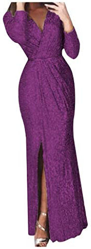 Robe col en V solide pour femme - Manchon de couleur - Mode longue formelle - Robe longue pour femme, lilas, M