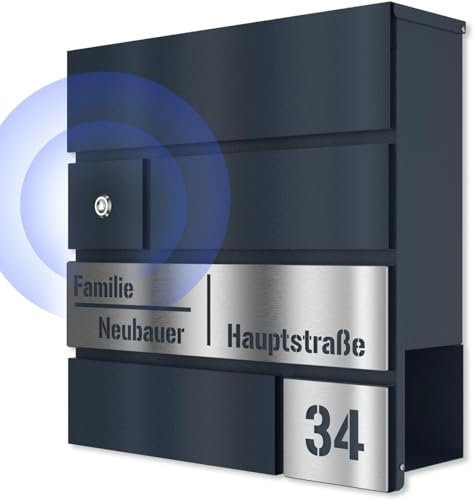Graviers Design Briefkasten mit Funkklingel in Anthrazit RAL 7016 - Laserschnitt Wandbriefkasten personalisiert Edelstahl Gravur - Postkasten Briefbox mit Schloss Design 1