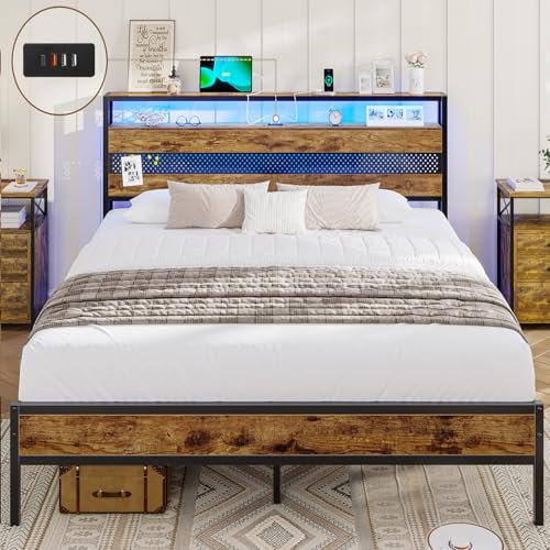 AOGLLATI Lit 140 x 190 avec Sommier Métal, Cadre de Lit 140 x 190 avec LED et Multiprise (3 Ports USB et 1 Type-C),30cm Espace de Rangement,Marron Vintage/Noir