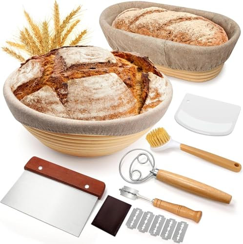 Brot Gärkorb Set, Gärkörbchen zum Brotbacken, 23cm Rund & 25cm Oval Brotkörbchen, 100% natürlichem Rattan, inkl. Teigschaber, Leineneinsatz, Teigrührer & Brot Lahm | Professionelles Brotbackzubehör