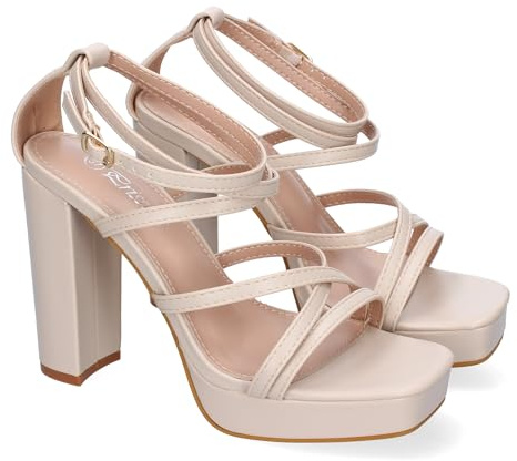 shoes&blues.es 91340 Sandalias de Tacon para Mujer, Elegantes, Diseno Moderno con Tiras Cruzadas con Cierre de Hebilla, Ideales para Primavera-Verano. Beige Talla 39