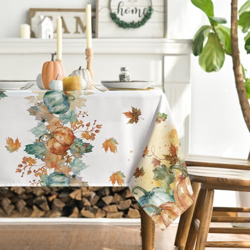 Artoid Mode Nappe d'automne, motif aquarelle, feuilles d'érable, citrouilles, 140 x 220 cm, protection saisonnière contre les taches, linge de table, cuisine, décoration de fête