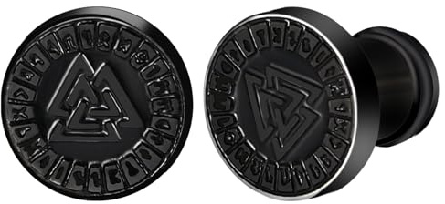 Flongo Boucle d'Oreille Homme Viking: Clous d'Oreilles Acier Inoxydable Valknut 18G Faux Gauge Nordique Bijoux Piercing Oreille Noir - Cadeau Anniversaire Fête des Pères