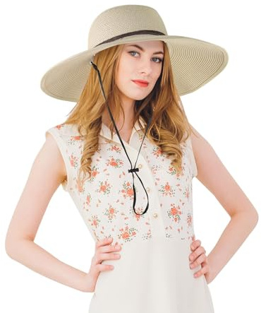 Feelorna Cappello da sole per donna, cappello di paglia pieghevole a tesa larga, cappello estivo per esterni, protezione solare, cappello da spiaggia con nastro antivento e nastro di, beige, Taglia